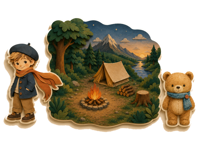 Una scena illustrata: accampamento nel bosco